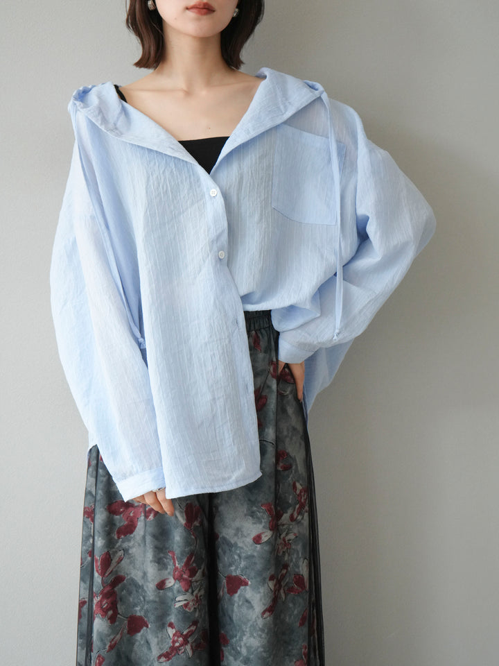 [予約]ワッシャーストライプフーディーシャツ/ブルー