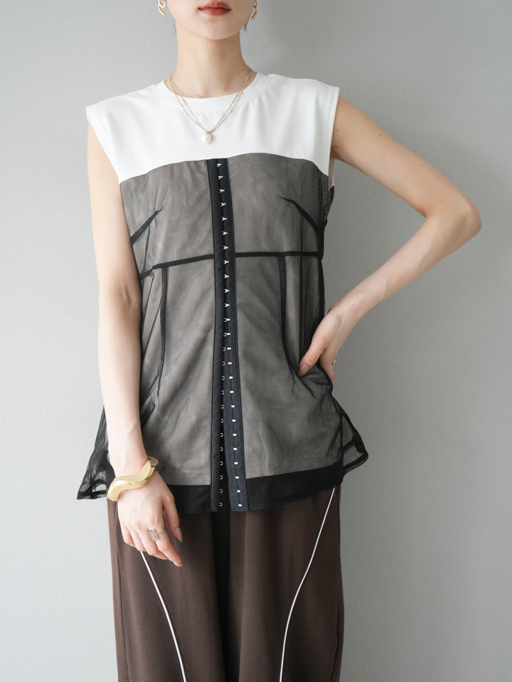 [預訂] 薄紗對接鉤設計剪裁套頭衫/脫下