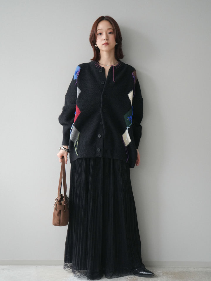 [SET]ハンドステッチアーガイルデザインニットカーディガン+裾レーススウェードプリーツマキシスカート(2set)