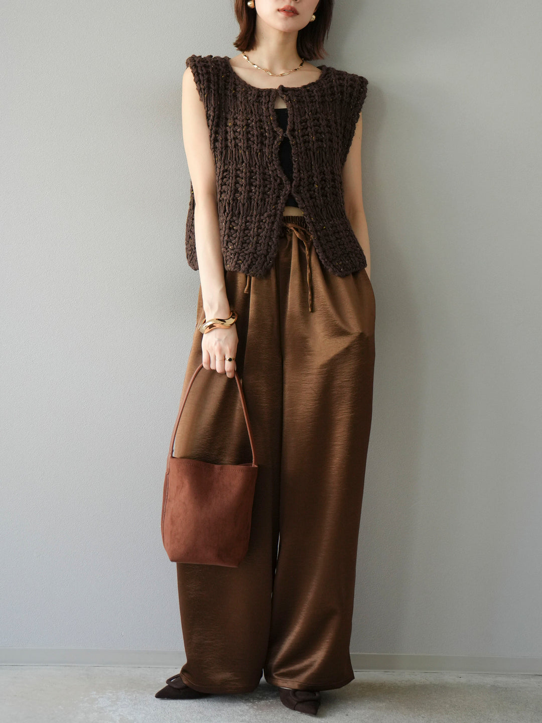 [予約]サテンラインワイドパンツ/ブラウン