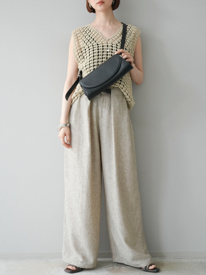 [予約]リネンライクベルト付タックループワイドパンツ/ベージュ