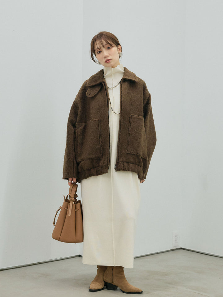 【Allure】[SET]ボトルネックルーズニットワンピース+スタンドカラーシャギーフライトジャケット(2set)