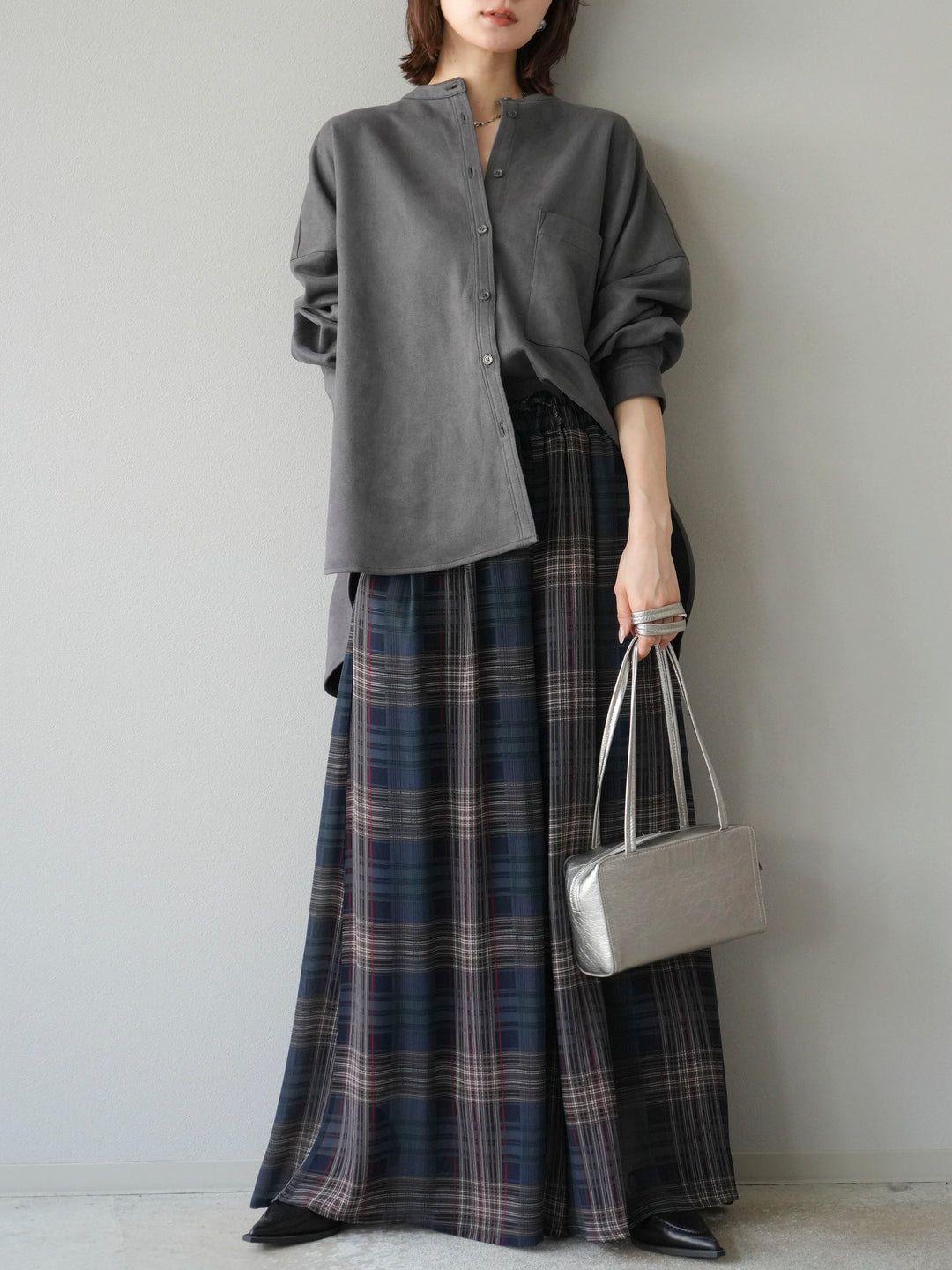 [SET]スエードバンドカラーオーバーシャツ+シアーチェックバギーパンツ(2set)