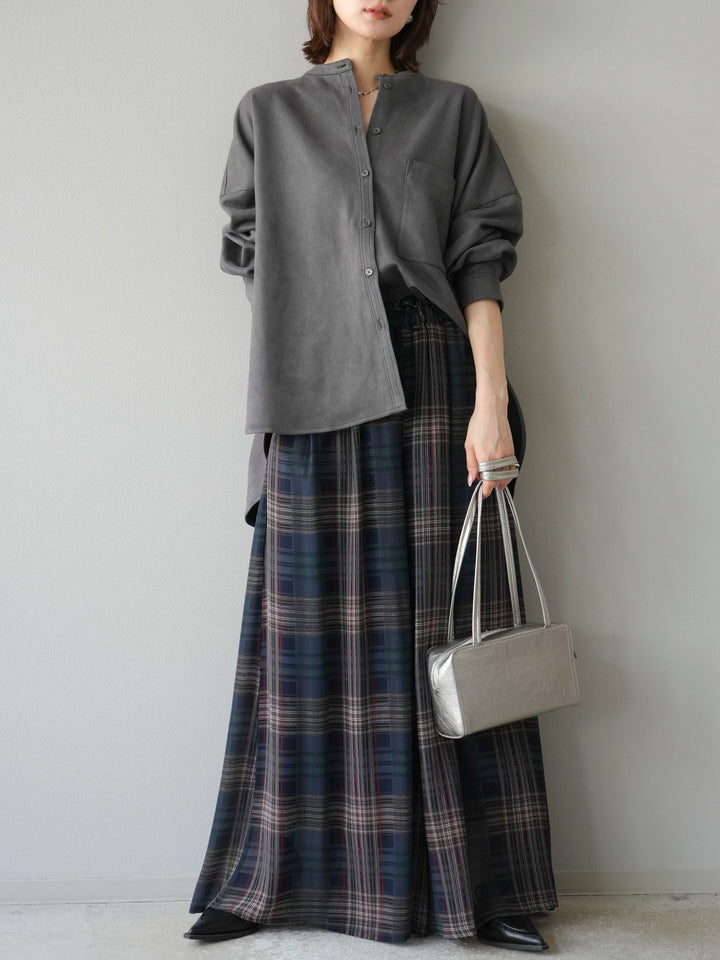 [SET]スエードバンドカラーオーバーシャツ+シアーチェックバギーパンツ(2set)