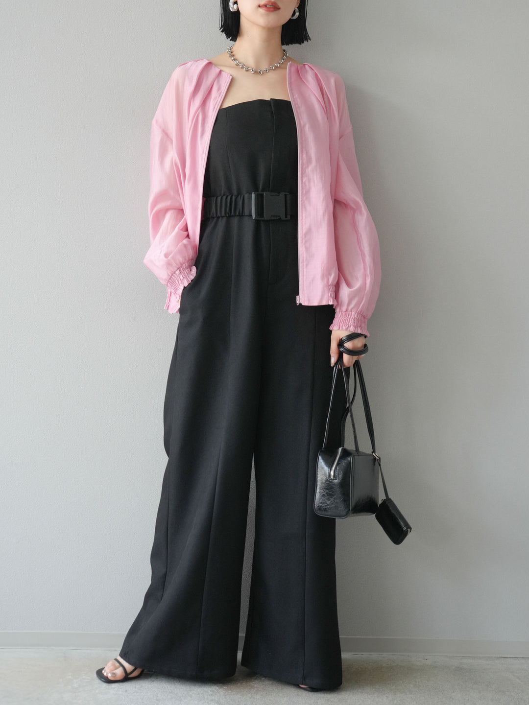 [SET]タックデザインシアーブルゾン+ヘザーツイルベルト付ベアサロペット(2set)