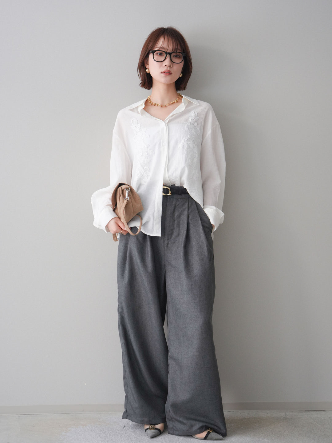 [予約]リネンライクタックワイドパンツ/charcoal