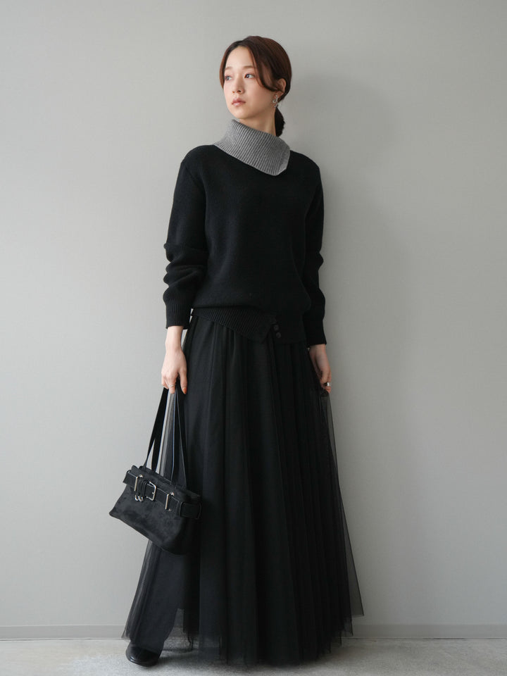 [予約]デザインネックバイカラーニットプルオーバー/black