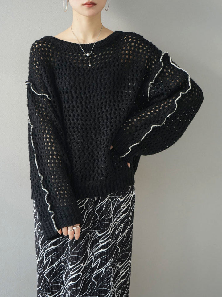 [Pre-order] Color-matched stitch openwork knit pullover/black