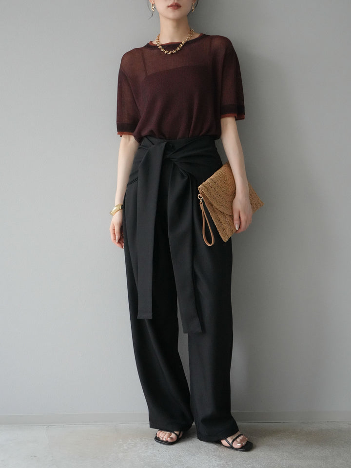 [SET]リネンタッチ配色二重臼ハーフニットトップス+ウエスト巻きデザインワイドパンツ(2set)