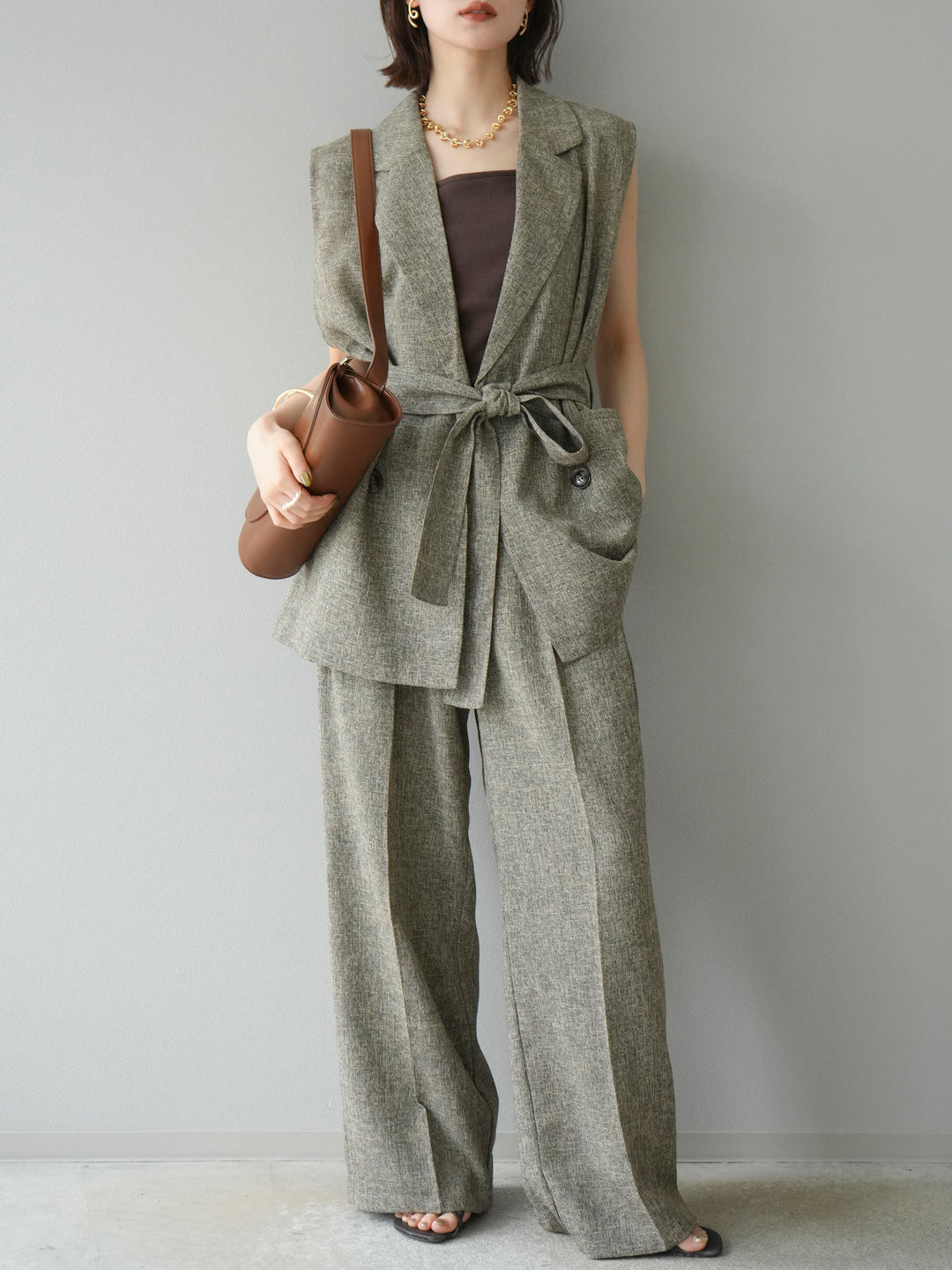 [予約]ミックスツイードタックパンツ/ブラウン