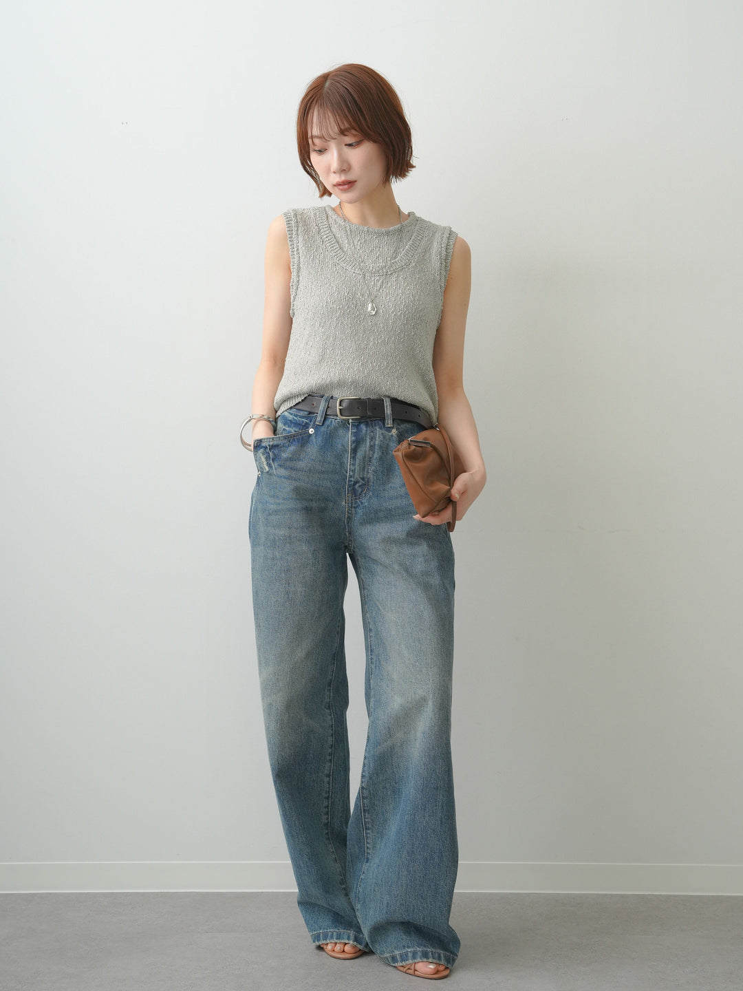 [予約]アウトリンキングノースリニットトップス/gray