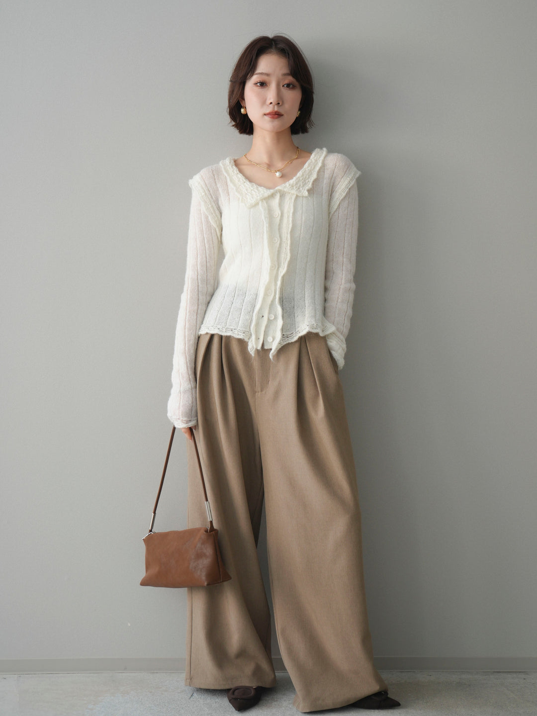 [予約]サテンベルトタックワイドパンツ/beige