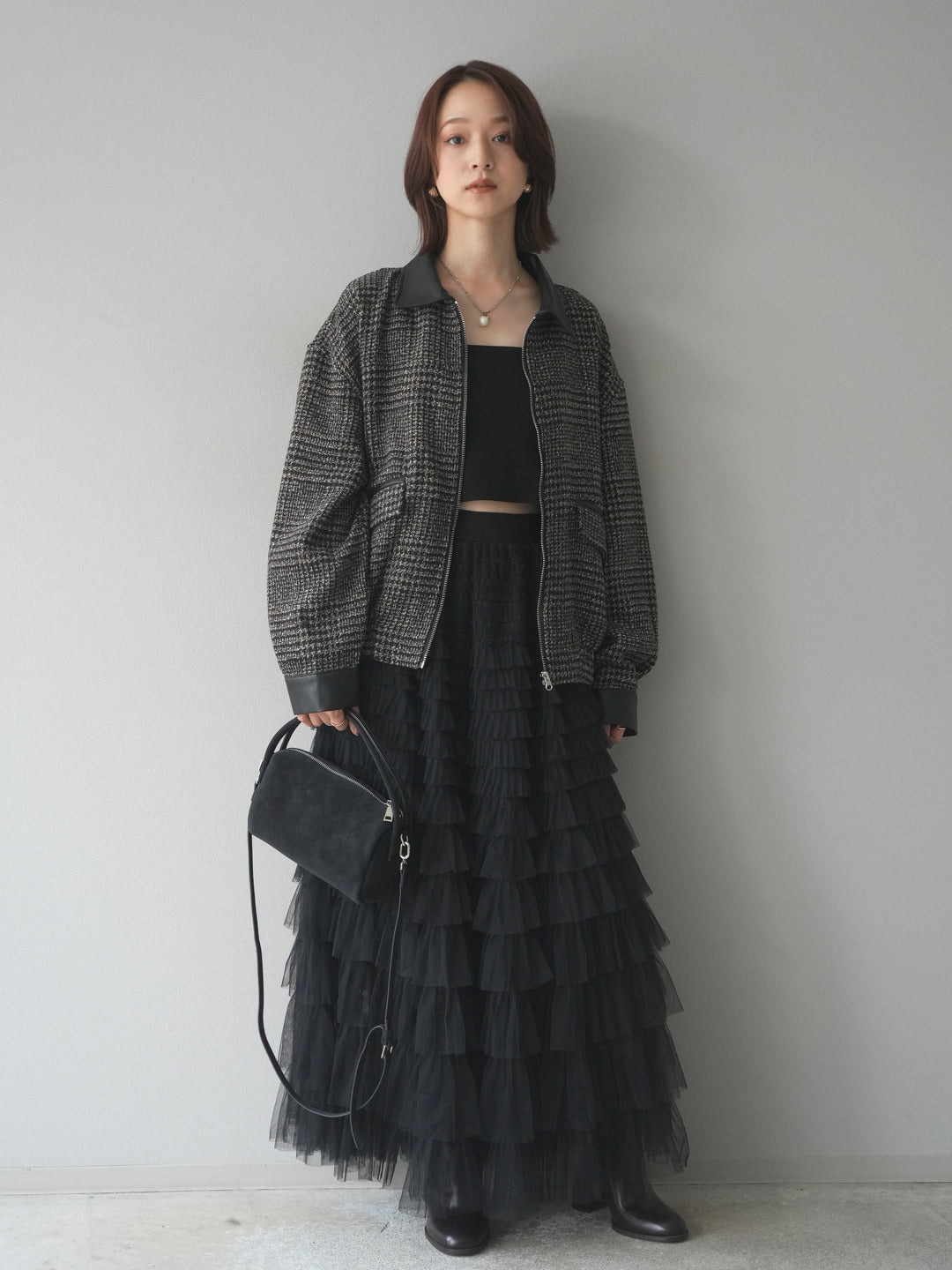 [予約]レザー襟ミックスツイードジャケット/brown