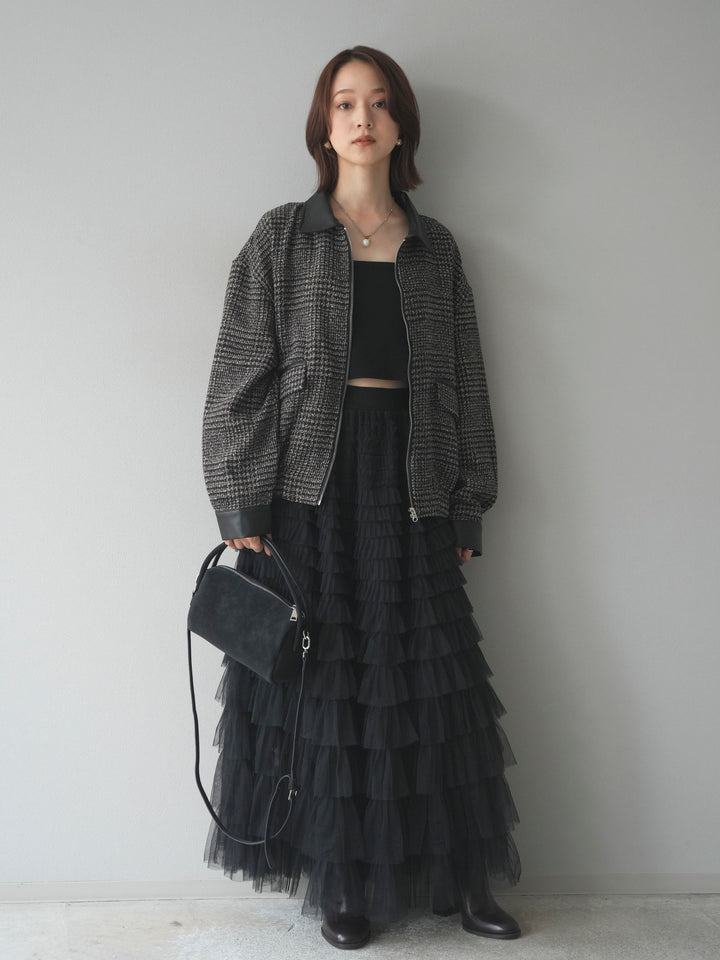 [予約]レザー襟ミックスツイードジャケット/brown