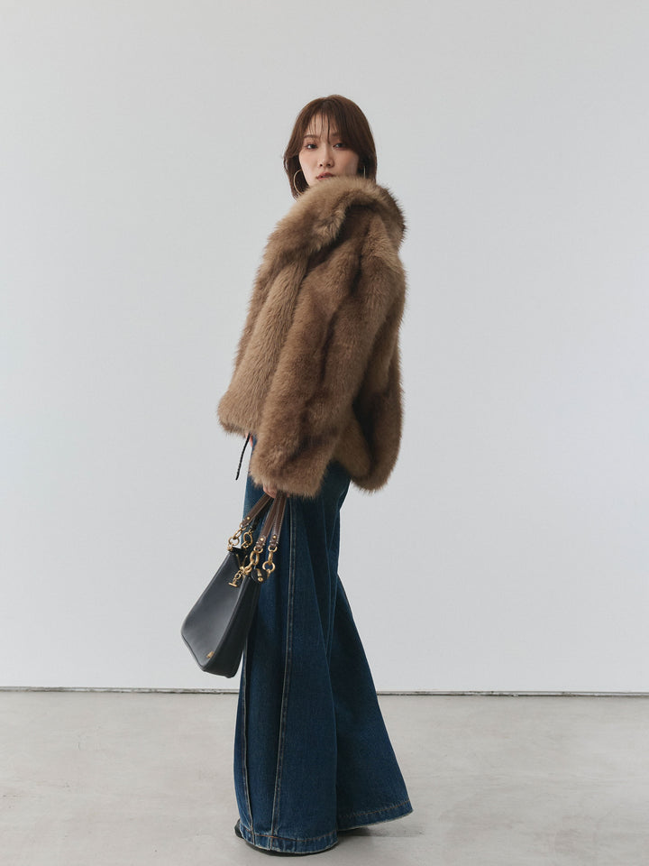 【Allure】[SET]フラワーレーストップス+サイドタックヴィンテージワイドデニム+フェイクファービックカラージャケット(3set)