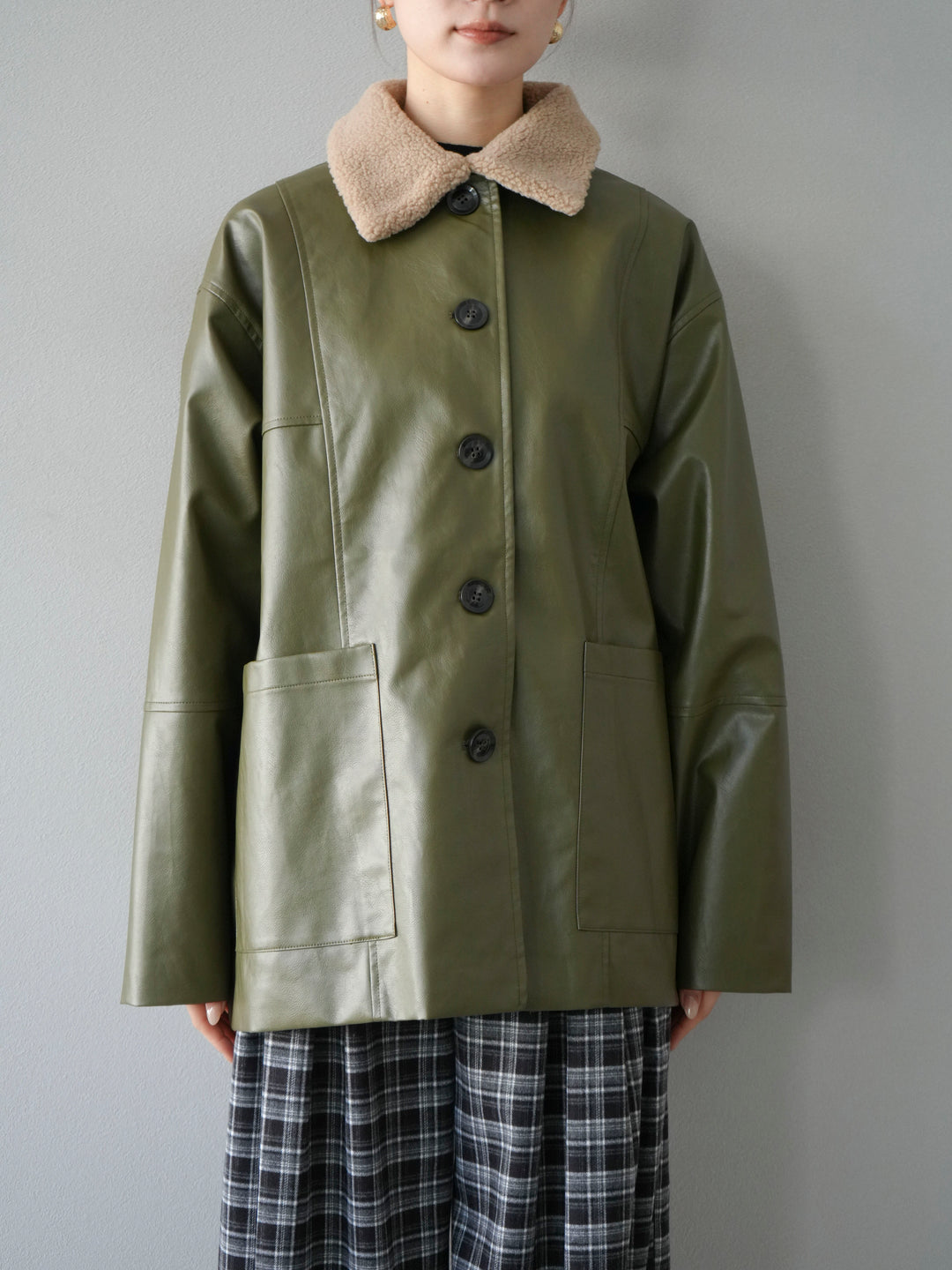 [予約]襟ボアレザーブルゾン/カーキ