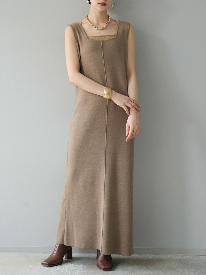[予約]スクエアネックニットワンピース/ベージュ