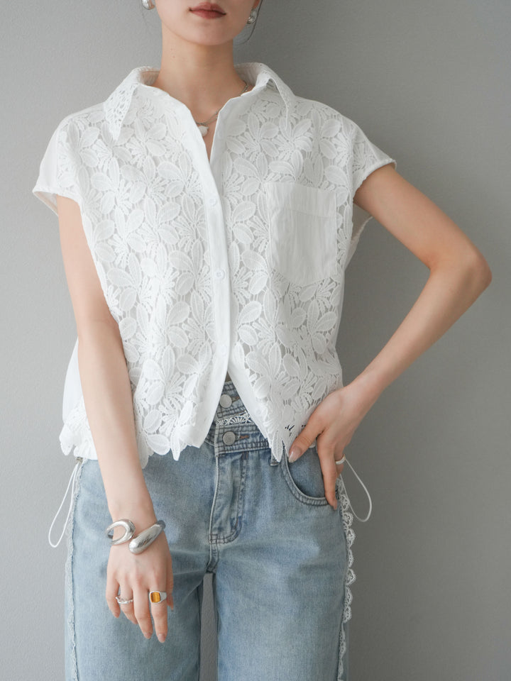 【預購】蕾絲分層抽繩襯衫/白色