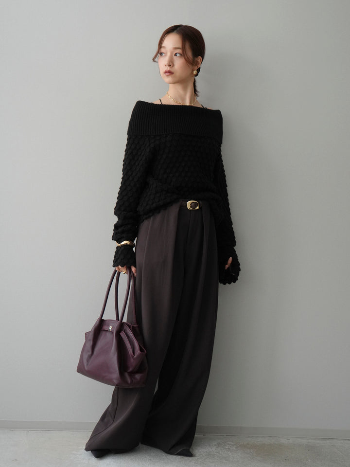 [SET]ポコポコ編みオフショルニットプルオーバー+ベルトループデザインワイドパンツ(2set)