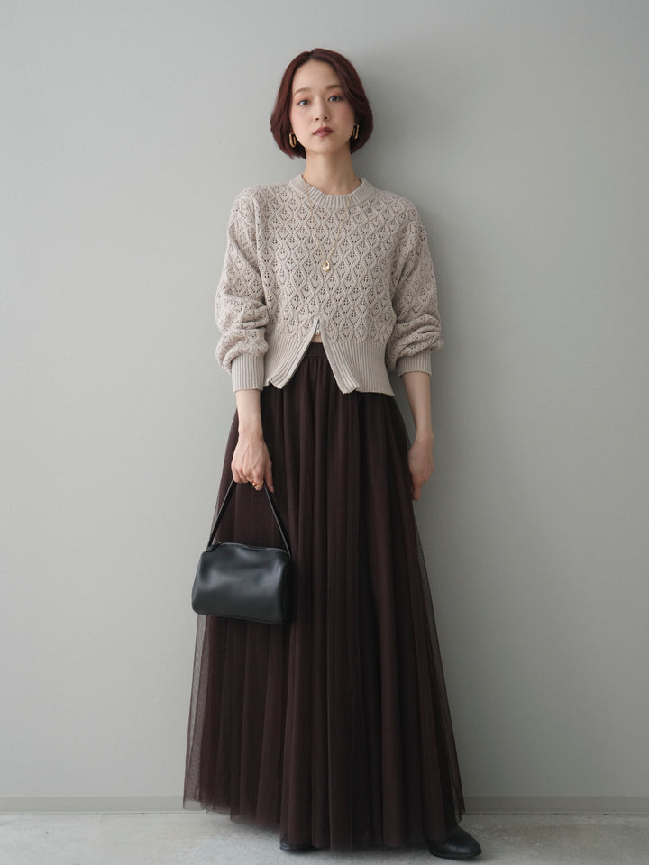 [予約]透かし編みフロントジップスリットニットプルオーバー/lightbeige