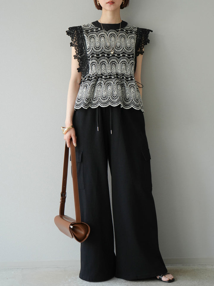 [SET] 扇貝刺繡蕾絲上衣 + 腰線側袋運動褲（2 組）