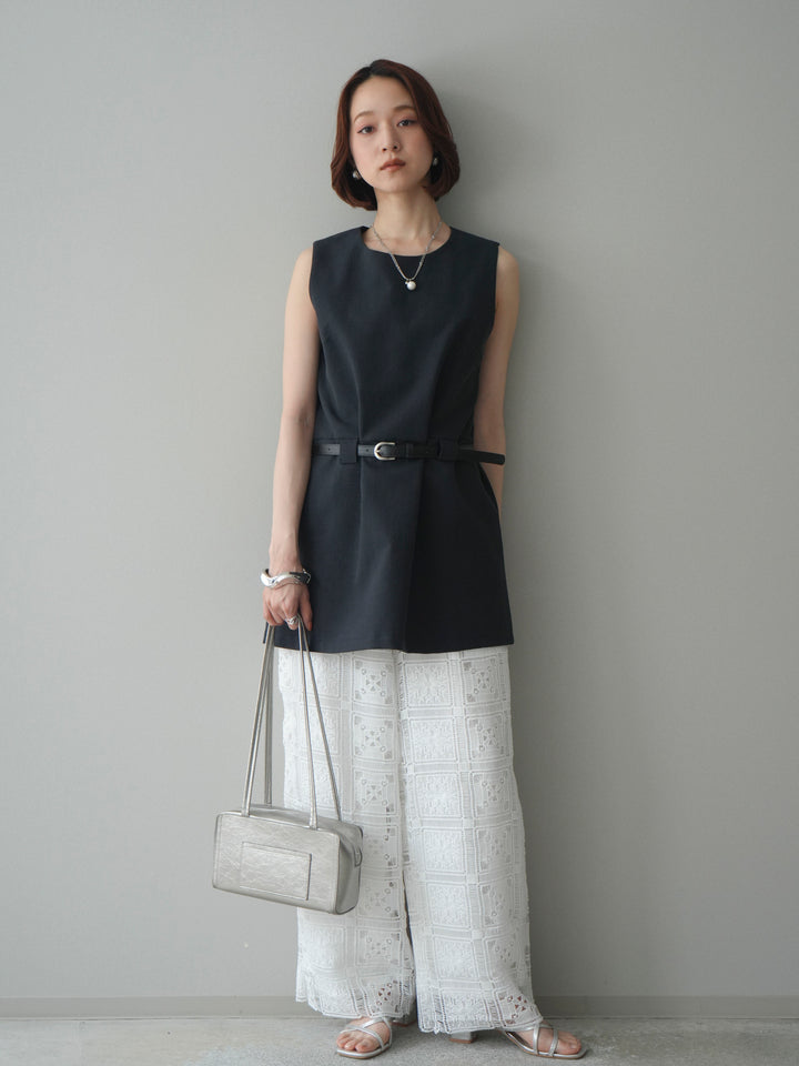 [SET]ベルト付リネンライクノースリチュニック+パネルレースイージーパンツ(2set)