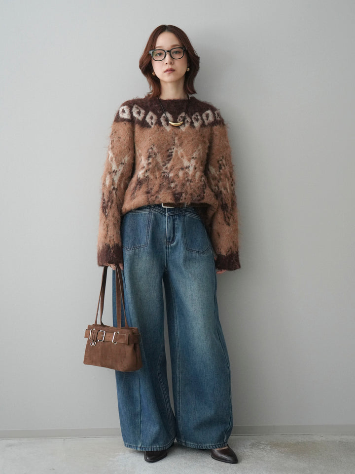 [SET]シャギーニュアンス柄ニットプルオーバー+ベルト付裏起毛カーブデニムパンツ(2set)