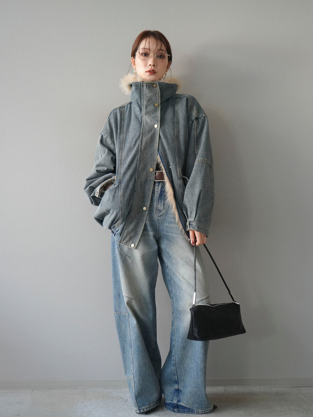 【預購】牛仔布 x 皮草拼接短夾克 / 牛仔米色