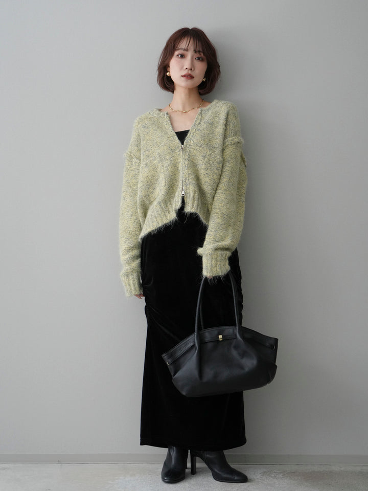 [SET]ミックスヤーンダブルZIPニットカーディガン+ギャザーベロアスカート(2set)