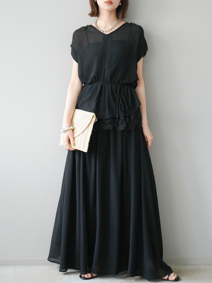 [SET]シフォンブラウス＆レースデザインフレアスカートSET UP(2set)