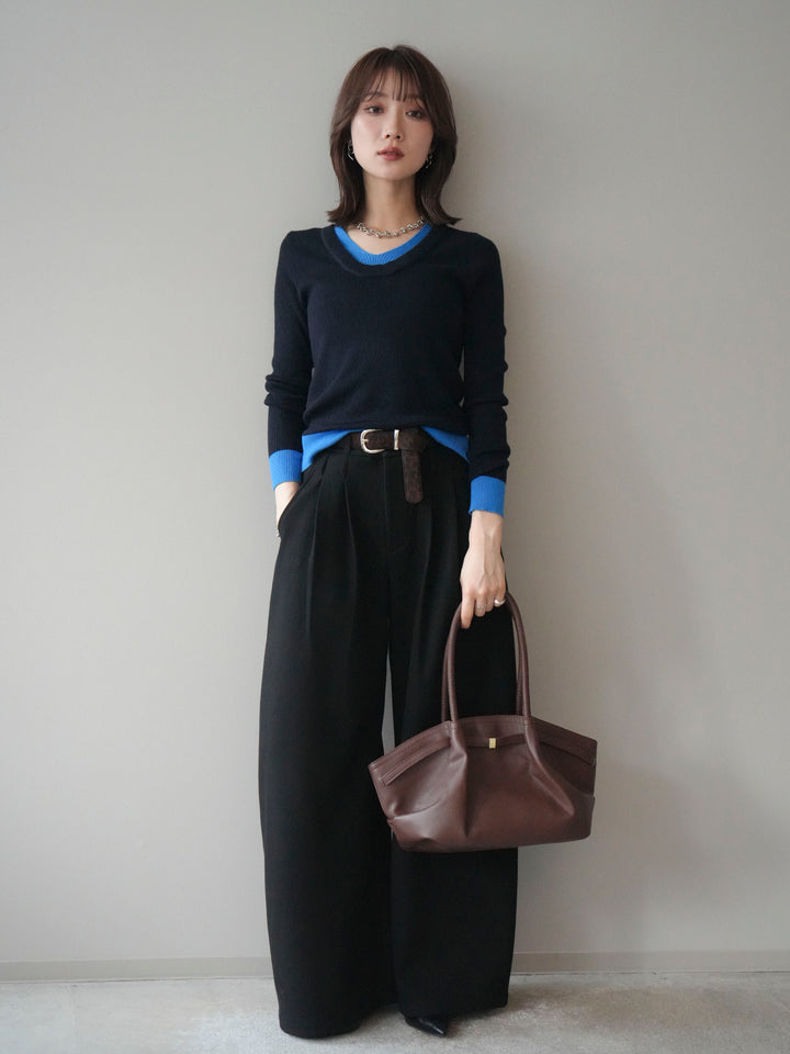 [SET]Uネック配色レイヤードリブニットトップス+アニマル柄ベルト付きウールタッチワイドパンツ(2set)