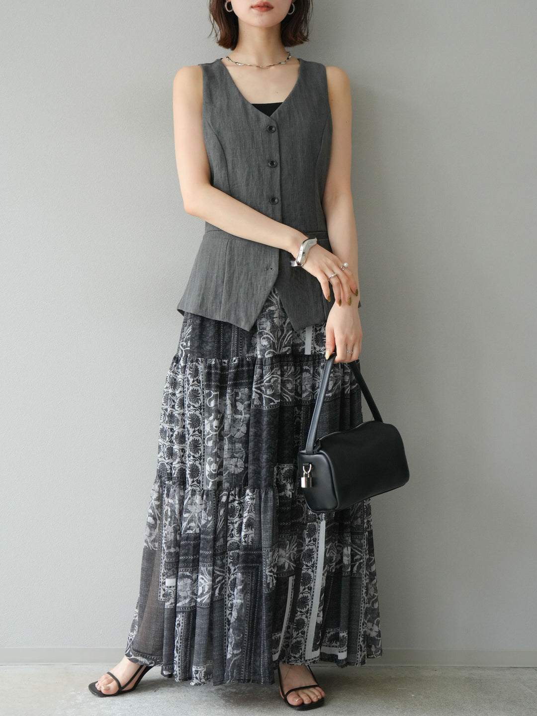 [SET]リネンタッチバックオープンベスト＆ニュアンス柄マキシスカートSET UP(2set)