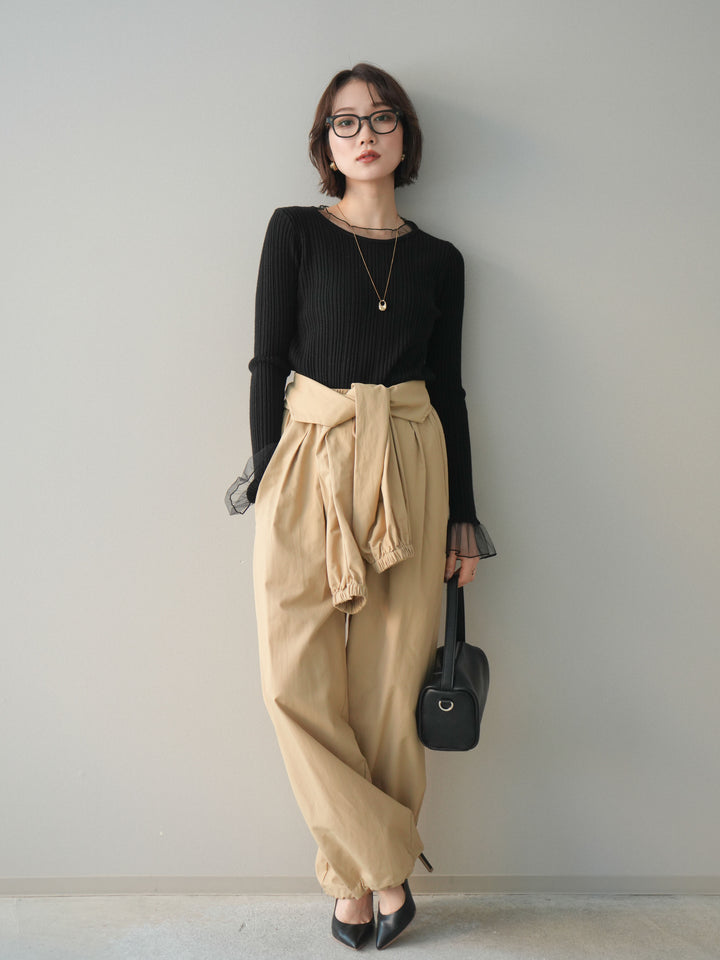 [予約]チュールレイヤードリブニットトップス/black