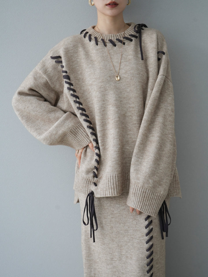 [Pre-order] Hand-stitched color-coordinated over-knit pullover/beige