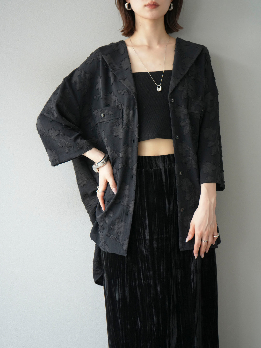 [予約]ジャガードハーフスリーブシャツ/ブラック