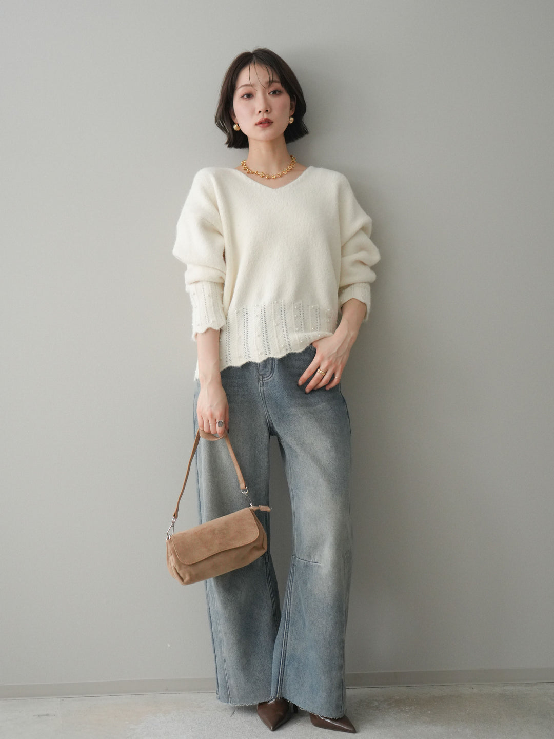 [予約]裏起毛カットオフカーブデニムパンツ/blue