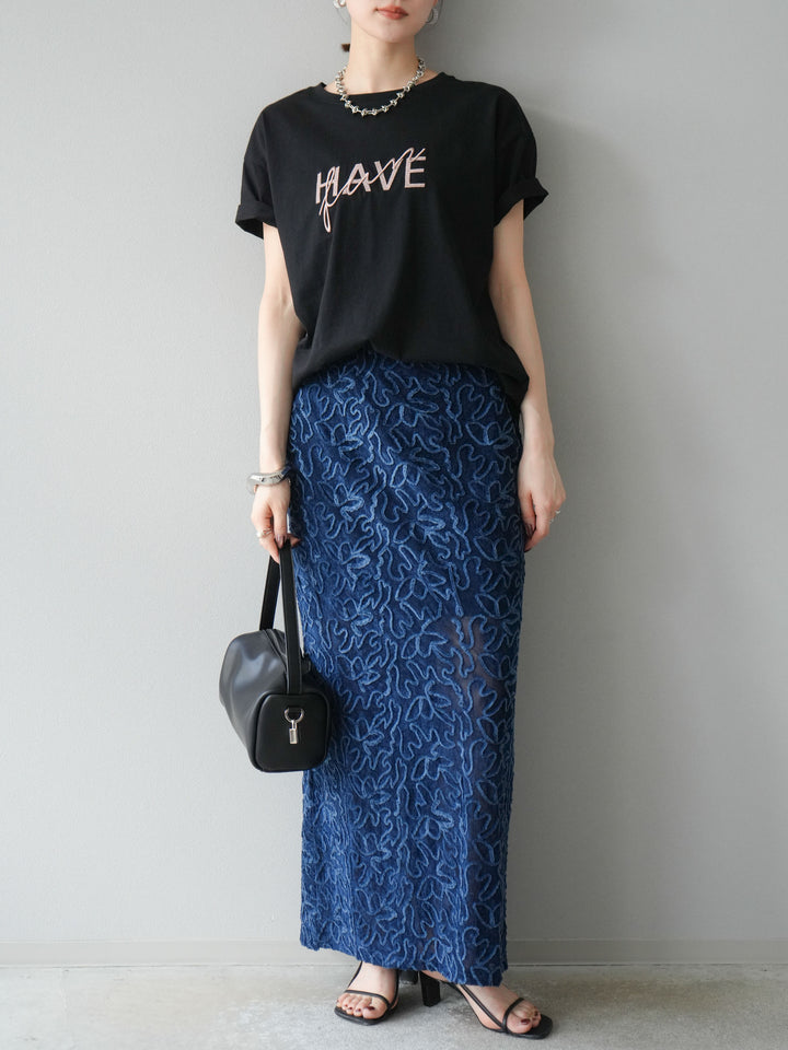 [予約]パイピングフラワーシアーベロアスカート/ネイビー