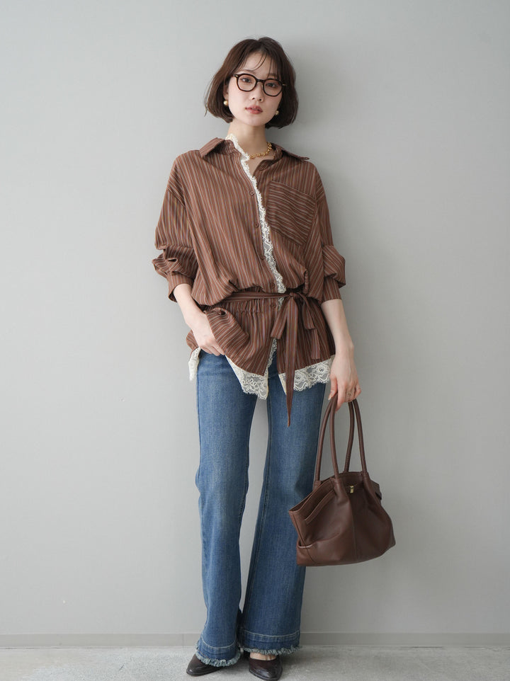 [SET]レース付ストライプウエストギャザーシャツ+フリンジデザインセミフレアデニム(2set)