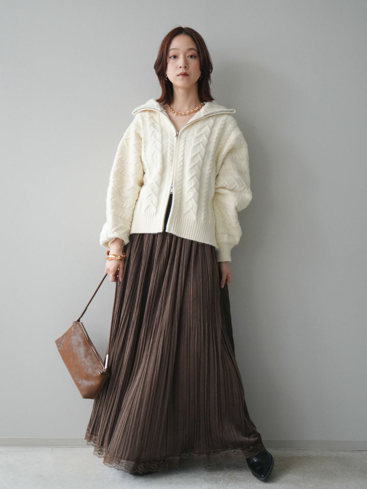 [SET]ケーブル編みハイネックZIPニットカーディガン+裾レーススウェードプリーツマキシスカート(2set)