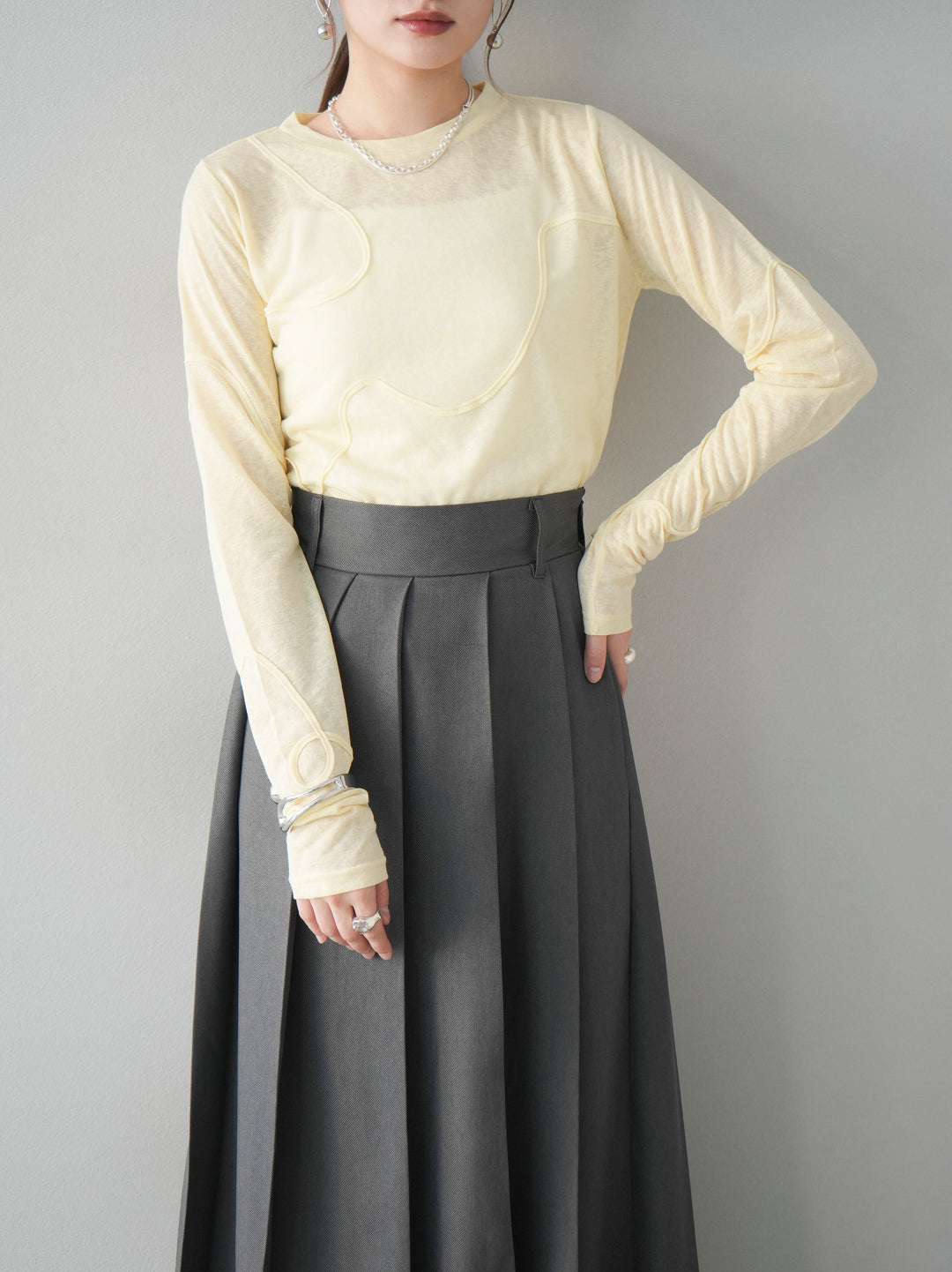 [預購] 繩繡透視長袖T卹 / 黃色