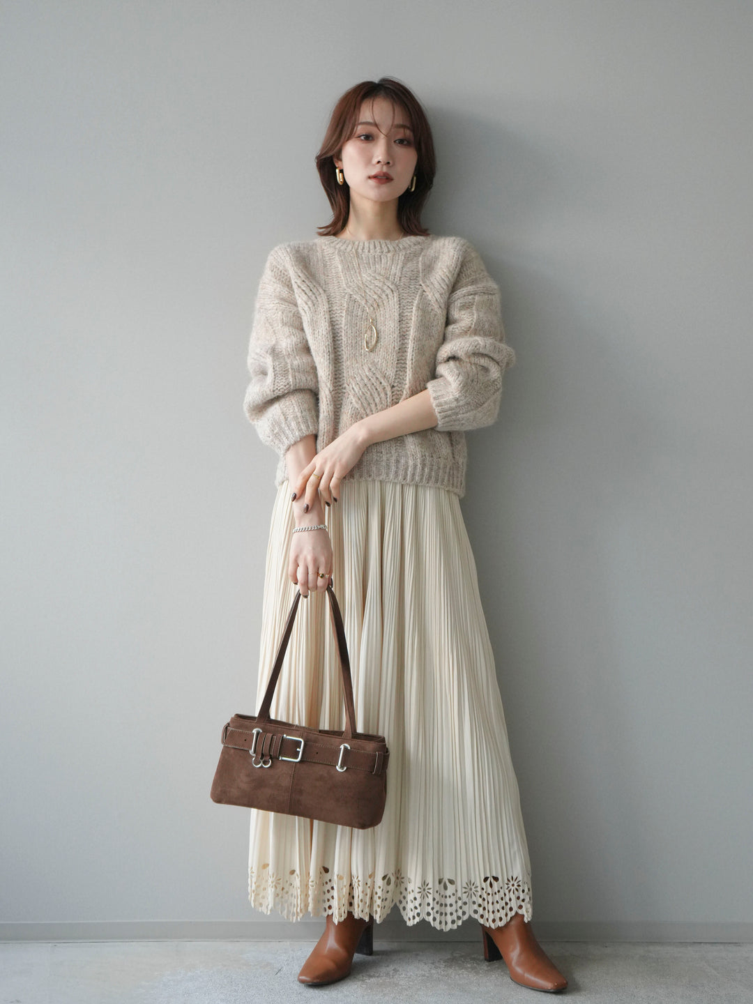 [予約]ワイドケーブルミックスニットプルオーバー/ivory