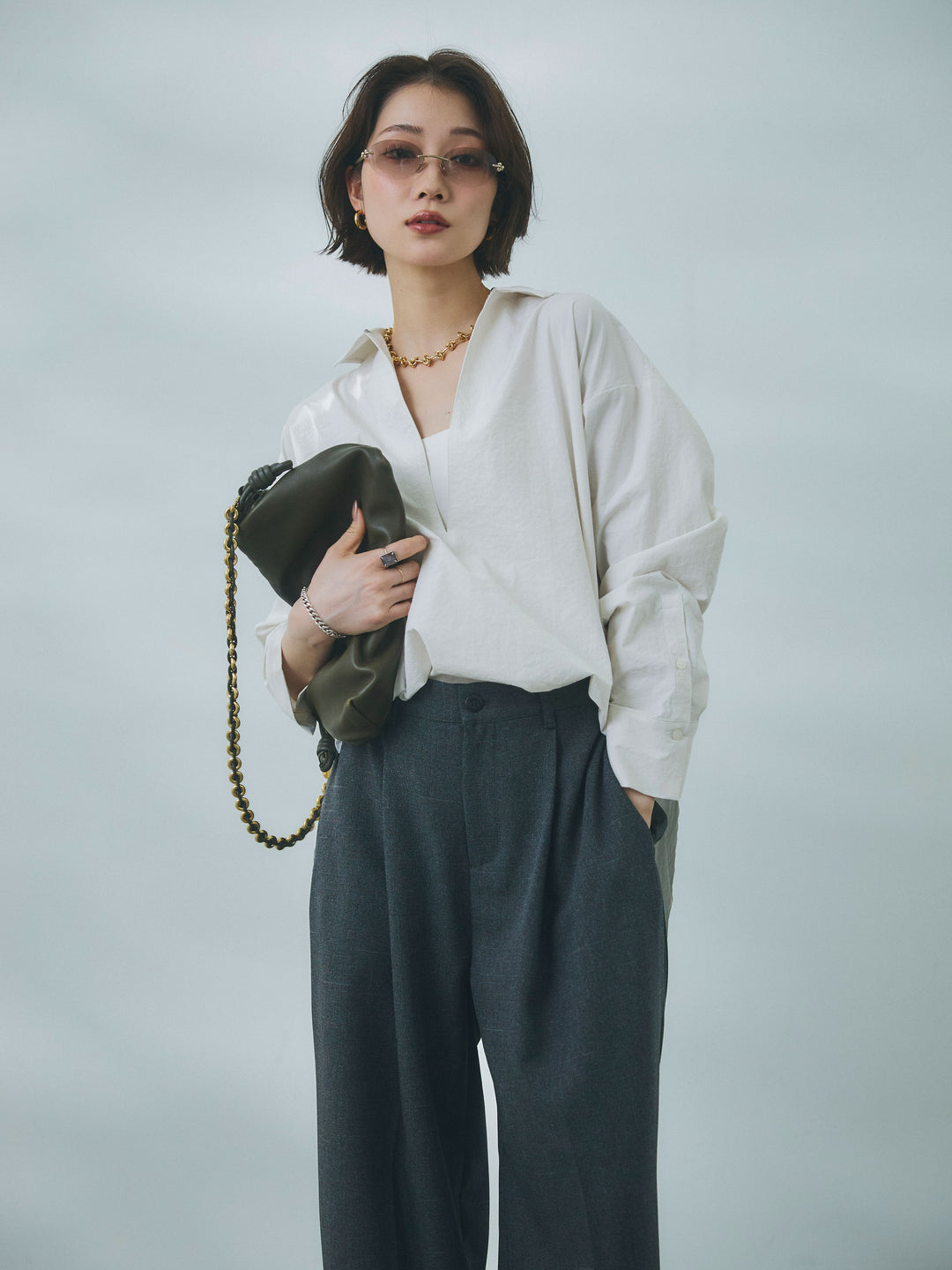 【Allure】[SET]コットンライクスキッパーシャツ+杢調ライトストレートパンツ(2set)