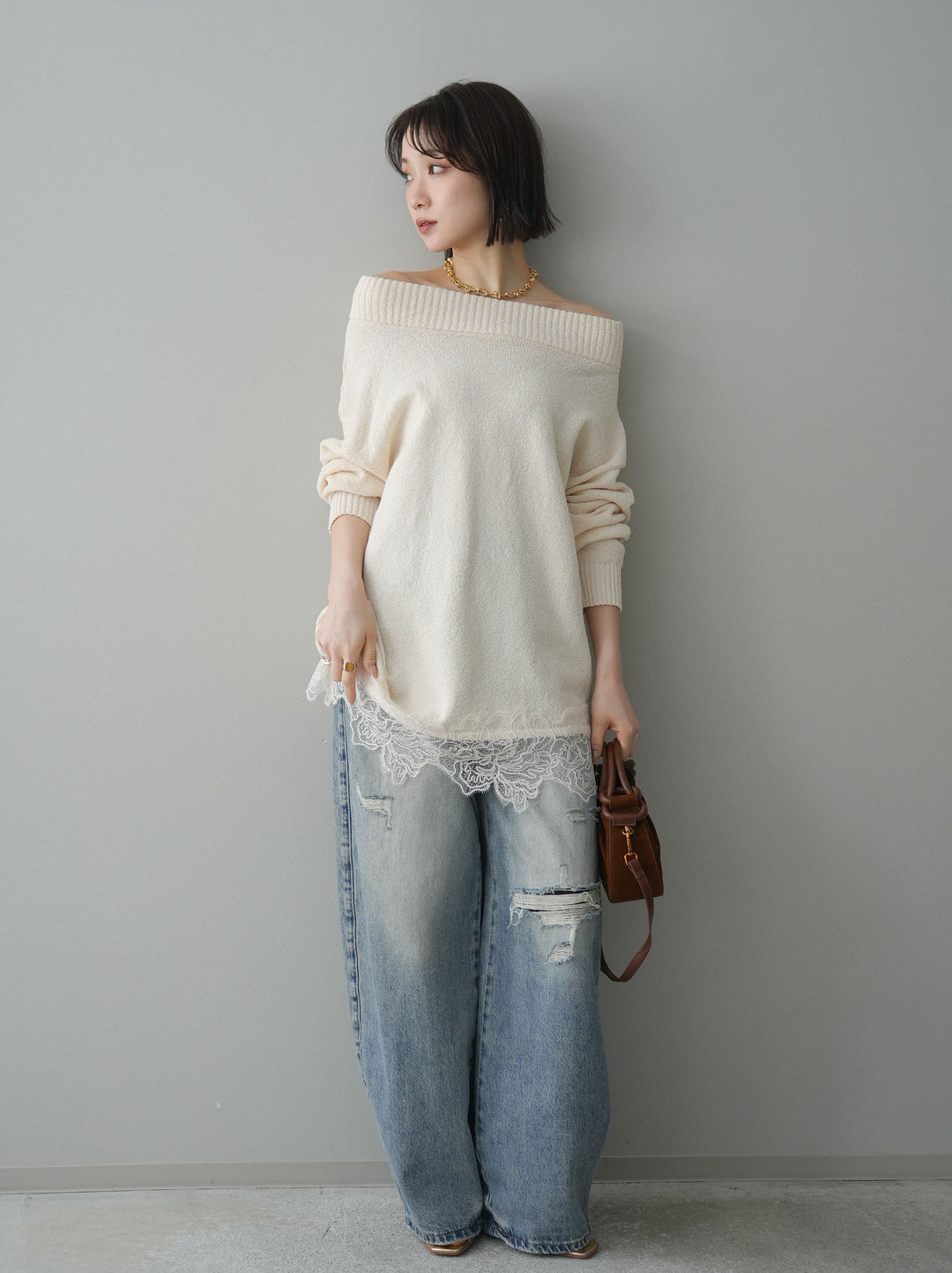 [予約]アシンメトリーレースヘムニットプルオーバー/ivory