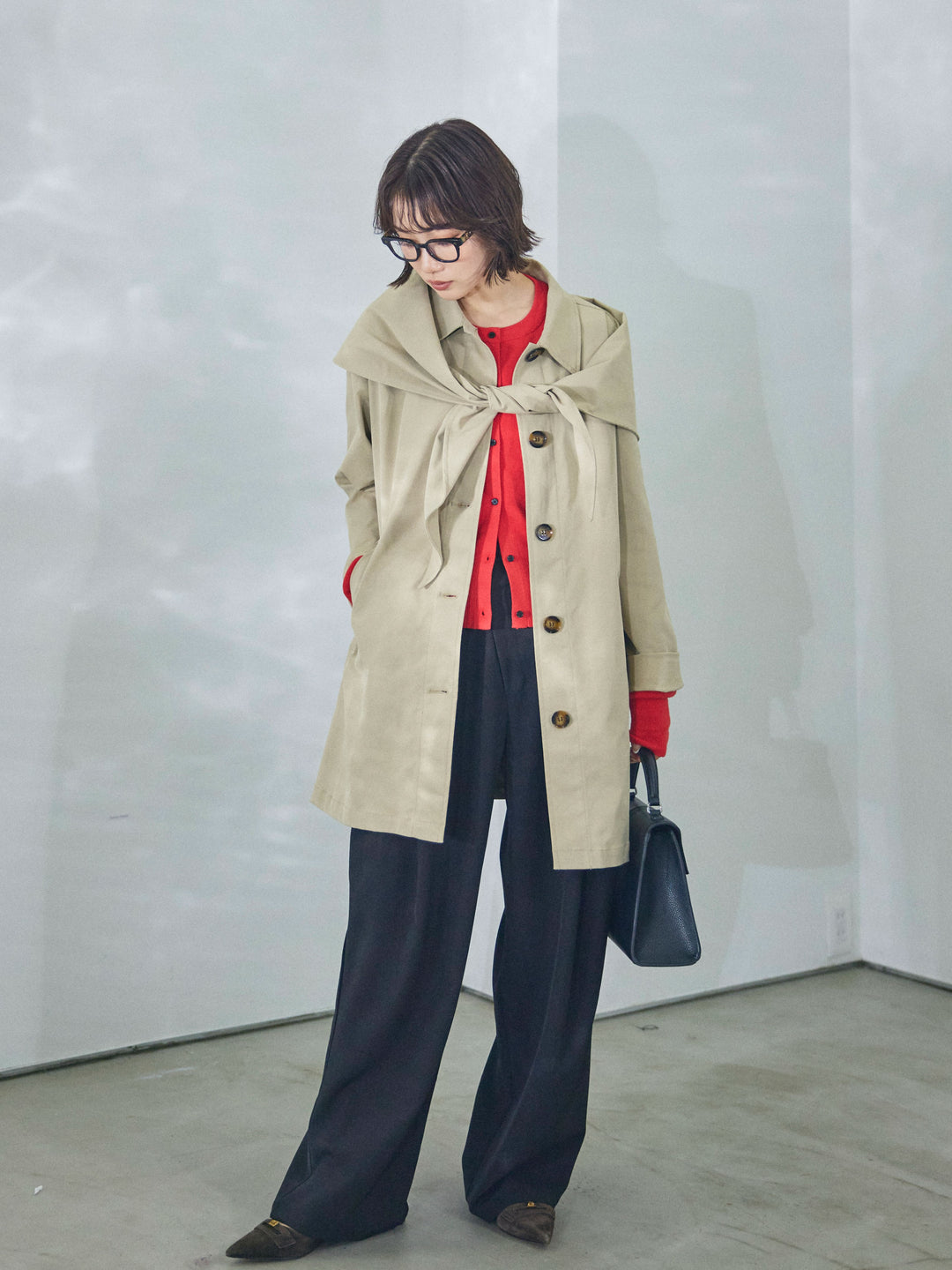 【Allure】[SET]スカーフ付ステンカラーミディアムコート+スカーフ付ステンカラーミディアムコート(2set)