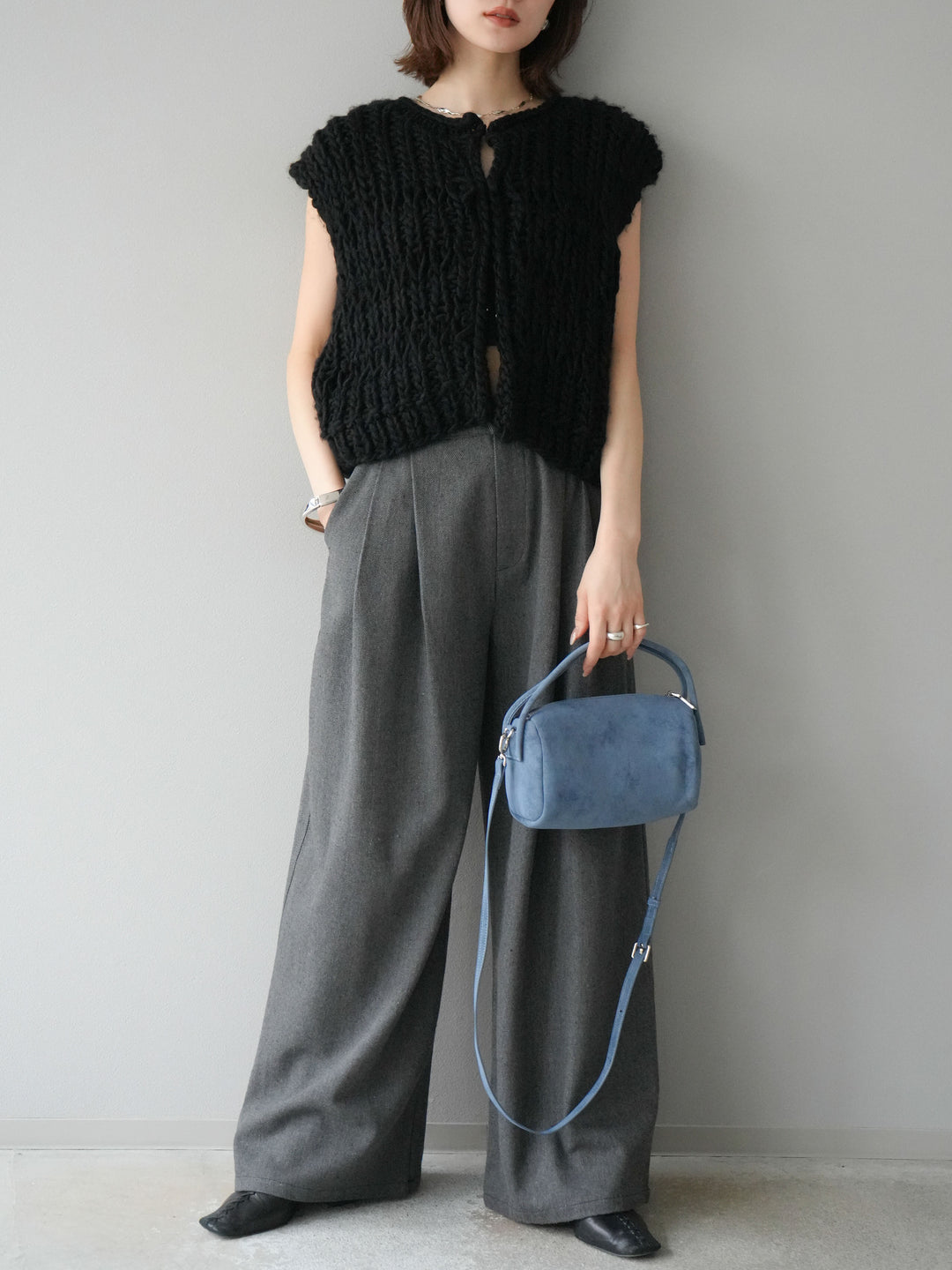 [SET] 手編繩結背心+粗花呢觸感褶皺寬褲（2件組）