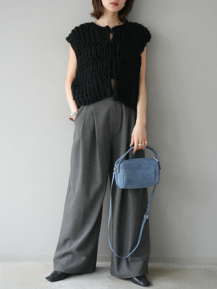 [SET] 手編繩結背心+粗花呢觸感褶皺寬褲（2件組）
