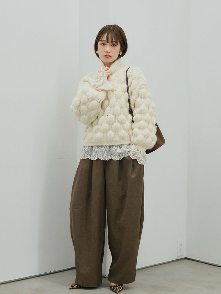 【Allure】[SET]ポップコーンハイネックニットプルオーバー+ハイネックレーストップス+モックスカルゼサイドタックコクーンパンツ(3set)