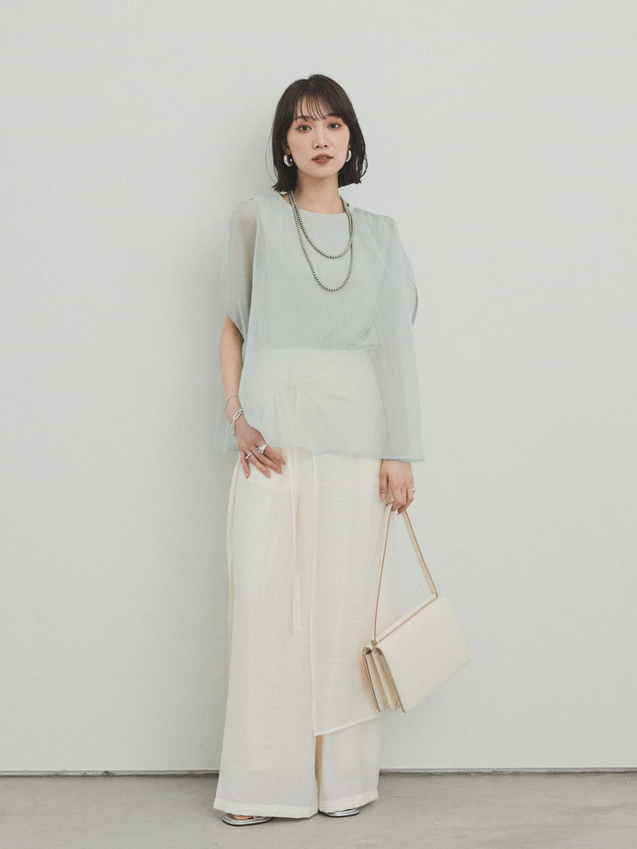 [SET]コンパクトスムースシアーレイヤードトップス+ワッシャーサテンレイヤードスカートパンツ(2set)