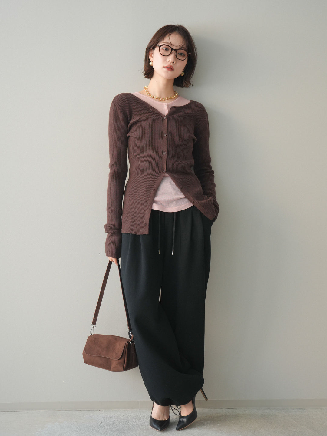 [予約]前後2WAYリブ編みクルーネックカーディガン/darkbrown