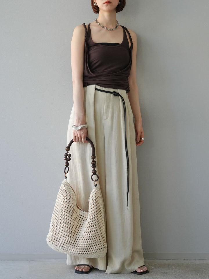 【預購】繩紋設計腰帶亞麻觸感寬褲/米色